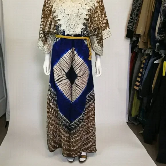 Vintage 70s Afro-centric heirloom robe wax print embroidered maxi length caftan - Picture 8 of 15